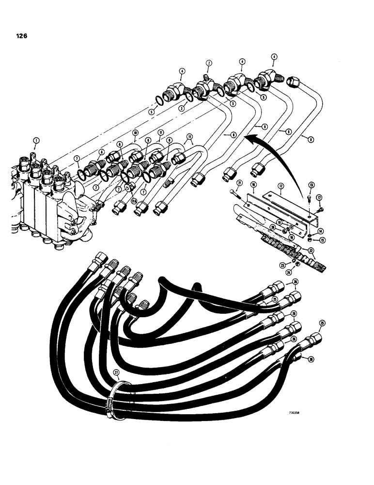 Схема запчастей Case 35 - (126) - SIDE SHIFT BACKHOE INTERMEDIATE HYDS, CNTRL VALVE TO BOOM, DIPPER & BUCKET CYL 