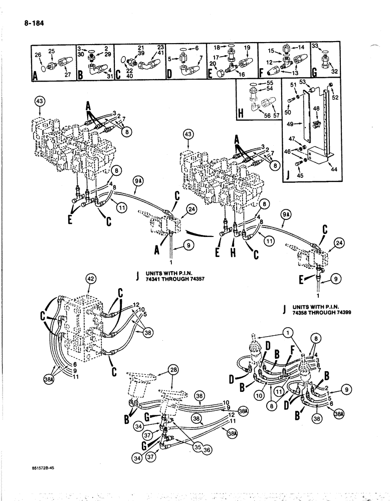 Схема запчастей Case 170B - (8-184) - HYDRAULIC CONTROL CIRCUIT, TO MAIN CONTROL VALVES, P.I.N. 74341 THRU 74399 (08) - HYDRAULICS