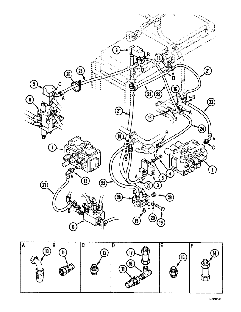 Схема запчастей Case 220B - (8-042) - HYDRAULIC CIRCUIT DRAIN RETURN LINES, P.I.N. 74570 THROUGH 74597, P.I.N. 03201 THROUGH 03208 (08) - HYDRAULICS