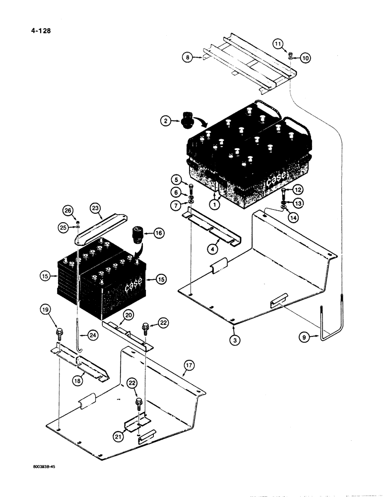 Схема запчастей Case 1455B - (4-128) - BATTERY MOUNTING, BATTERIES WITH U-BOLT MOUNTING, BATTERIES W/ U-BOLT & J-BOLT MOUNTING (04) - ELECTRICAL SYSTEMS