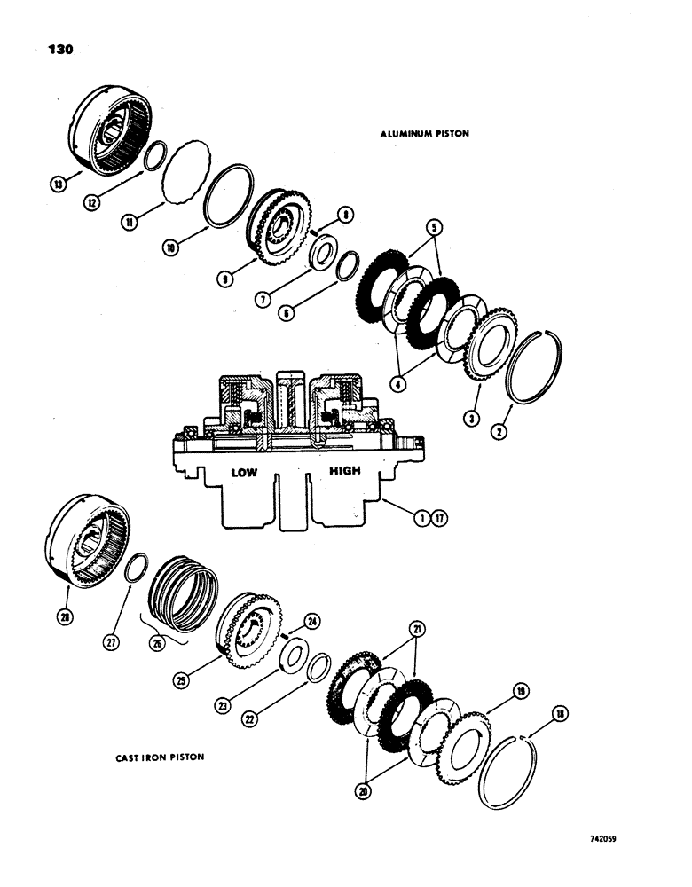 Схема запчастей Case 450 - (130) - TRANSMISSION HIGH AND LOW SPEED CLUTCH, ALUMINUM PISTON STYLE (03) - TRANSMISSION