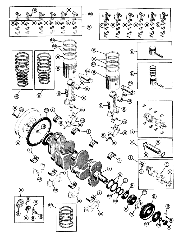 Схема запчастей Case 600 - (016) - GASOLINE ENGINE INSTALLATION, FLYWHEEL, CRANKSHAFT, CONN. RODS, PISTONS, RINGS (01) - ENGINE