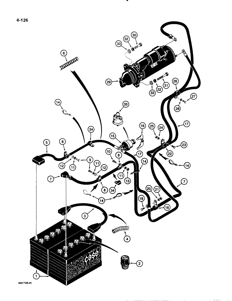 Схема запчастей Case 1455B - (4-126) - REAR ELECTRICAL WIRING, GROUP 30H TYPE BATTERIES AND CABLES TO STARTER (04) - ELECTRICAL SYSTEMS