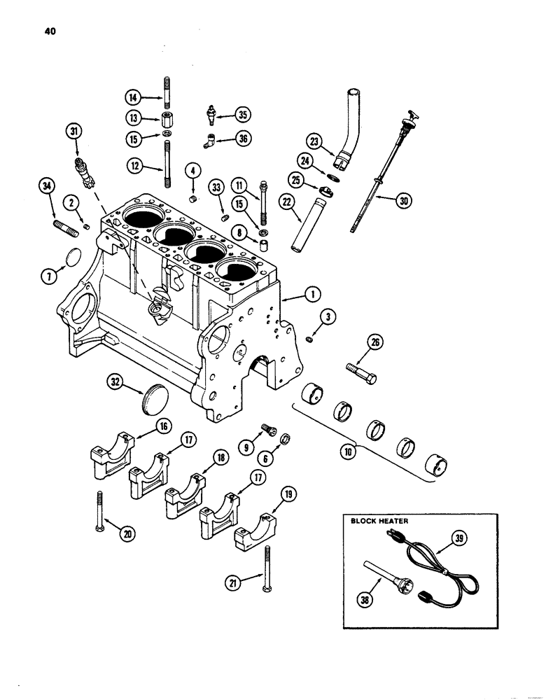 Схема запчастей Case 480D - (040) - CYLINDER BLOCK, 188 DIESEL ENGINE/BLOCK HEATER (10) - ENGINE