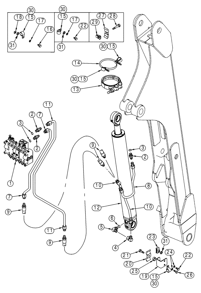 Схема запчастей Case 90XT - (08-61) - HYDRAULIC SYSTEM BACKHOE BOOM CYLINDER NORTH AMERICA, D125 BACKHOE W/ TUBES AT CONTROL VALVE (08) - HYDRAULICS