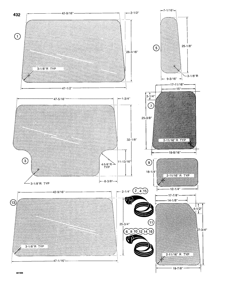 Схема запчастей Case 1150D - (432) - CAB GLASS, U.S. DIMENSIONS (09) - CHASSIS/ATTACHMENTS