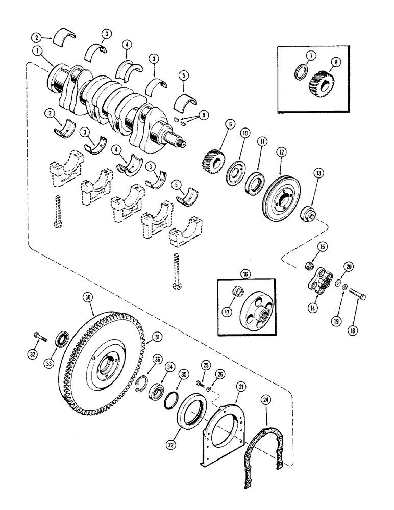 Схема запчастей Case 580B - (024) - CRANKSHAFT AND FLYWHEEL, (188) DIESEL ENGINE, MECHANICAL SHUTTLE (02) - ENGINE