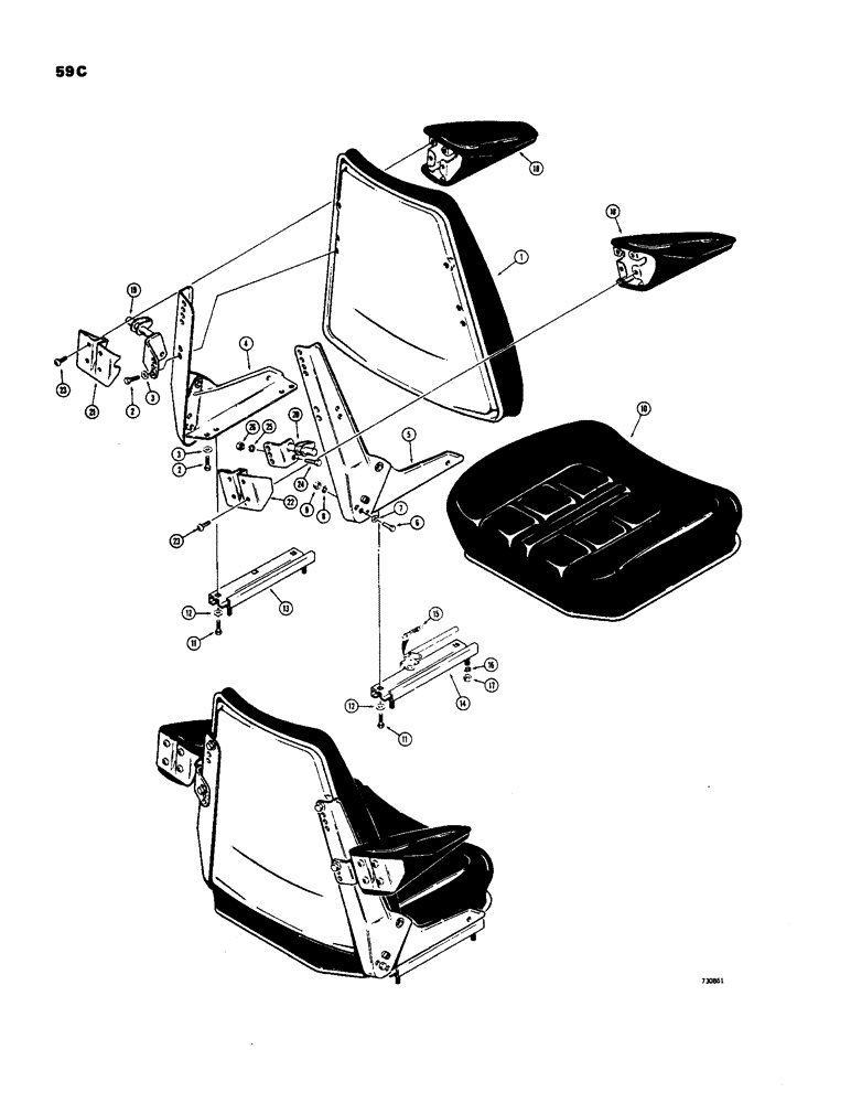 Схема запчастей Case 585 - (59C) - D58271 OPRTR SEAT,IDD BY BLCK PTRN ON SEAT & BCKRST CSHN & 9" FRNT ADJ HNDL, D56424 ARM REST KIT*** (90) - PLATFORM, CAB, BODYWORK AND DECALS