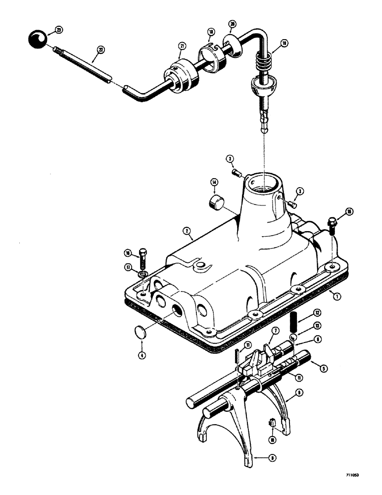 Схема запчастей Case 300 - (058) - TRANSMISSION ASSEMBLY, TRACTOR SERIAL NO. 5770 AND AFTER, SHIFT LEVER, LINKAGE AND SHIFTING YOKES (03) - TRANSMISSION