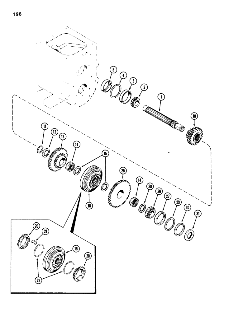 Схема запчастей Case 586D - (196) - TRANSAXLE MAINSHAFT, PRIOR TO TRANSMISSION SERIAL NO. 16249203, 2 AND 4WD (21) - TRANSMISSION