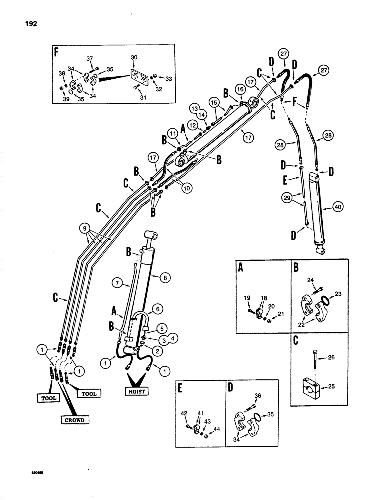 Схема запчастей Case 1280 - (192) - HOIST, CROWD, AND TOOL CIRCUITS, CYLINDER HYDRAULIC LINES W. 12 ( 3.66) DIPPER (07) - HYDRAULIC SYSTEM