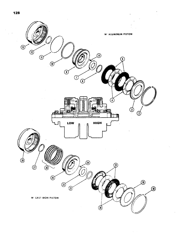 Схема запчастей Case 850 - (128) - CLUTCH, HIGH AND LOW SPEED, WITH ALUMINUM PISTON (03) - TRANSMISSION