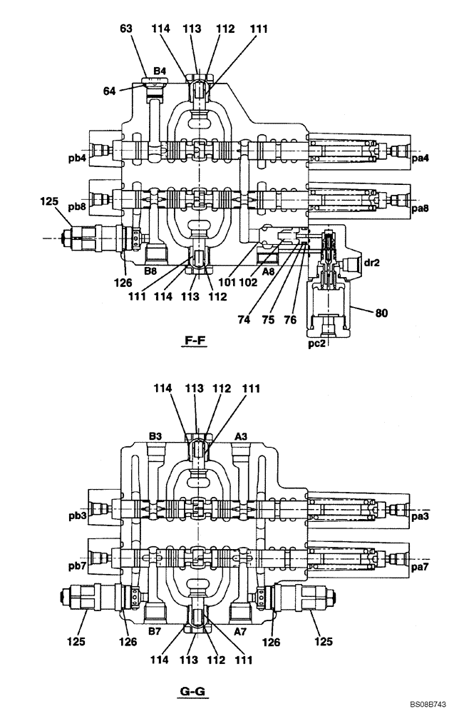 Схема запчастей Case CX80 - (08-64) - CONTROL VALVE - 2ND OPTION - (KAJ5077) 5 OF 8 (08) - HYDRAULICS