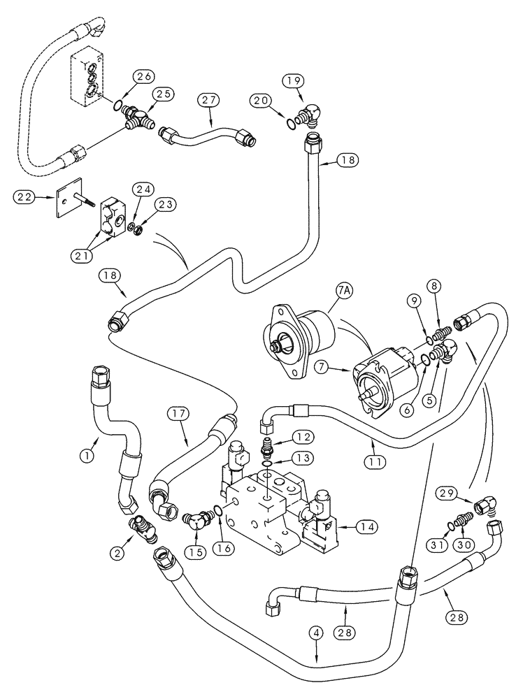 Схема запчастей Case 85XT - (08-28) - HYD, ATTACHMENT HI FLOW, GEAR, SPLY & RETURN TO PUMP, N. AMERICAN -JAF0352233, EUROPEAN -JAF0352714 (08) - HYDRAULICS