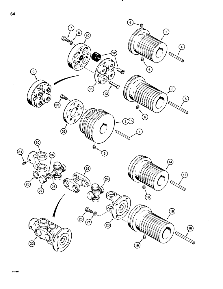 Схема запчастей Case SD100 - (064) - ENGINE DRIVE SHEAVE AND PUMP COUPLING, FLEX COUPLING PUMP DRIVE (29) - HYDROSTATIC DRIVE