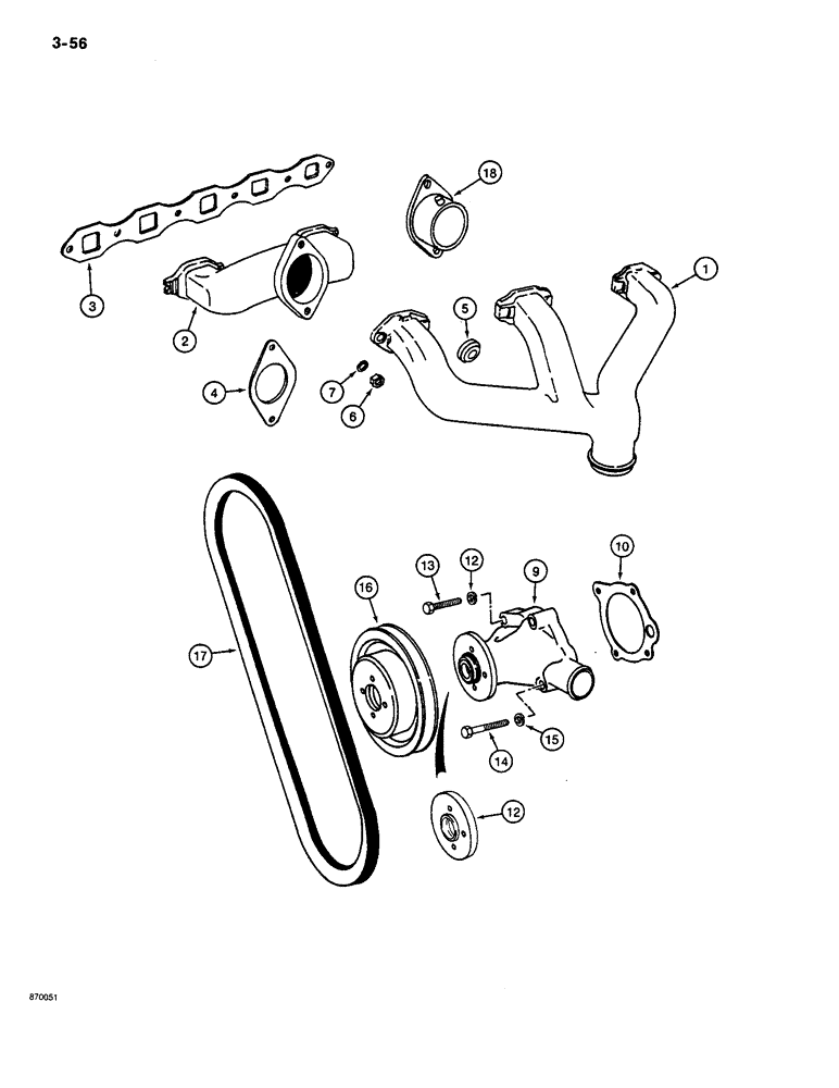 Схема запчастей Case CASE - (3-56) - INTAKE AND EXHAUST MANIFOLD, WATER PUMP, AND FAN BELT (03) - FUEL SYSTEM