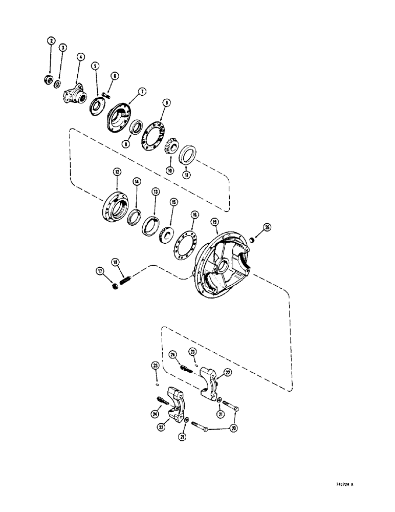 Схема запчастей Case 600 - (158) - PR130 DIFFERENTIAL, DRIVE SHAFT YOKE, CAGE AND CARRIER (03) - TRANSMISSION