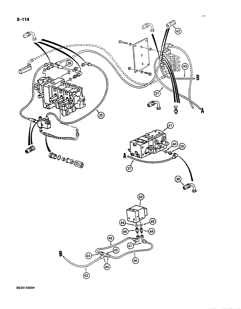 Схема запчастей Case 125B - (8-114) - HYD. CIRCUIT FOR CONTROLS, SOLENOID VALVE TO MAIN CONTROL VALVES & SWIVEL, P.I.N. 74631 THRU 74844 (08) - HYDRAULICS