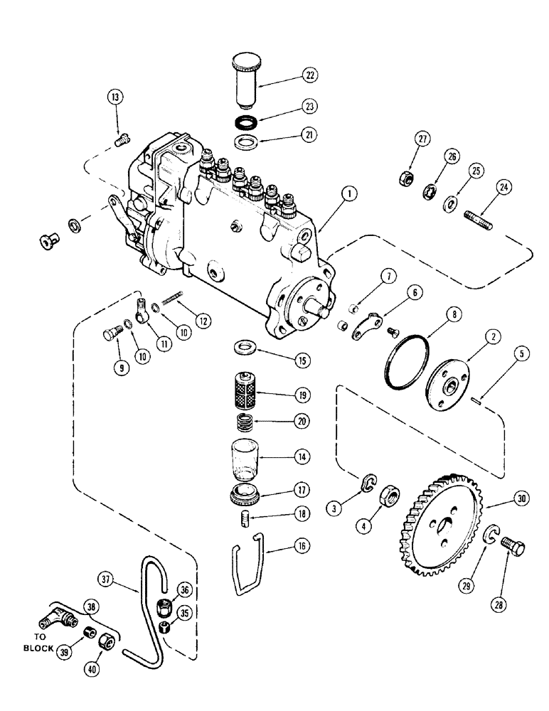 Схема запчастей Case 980 - (037A) - FUEL INJECTION PUMP, (504BDT) DIESEL ENGINE, WITH LUBE TUBE ON INSIDE OF PUMP (02) - FUEL SYSTEM