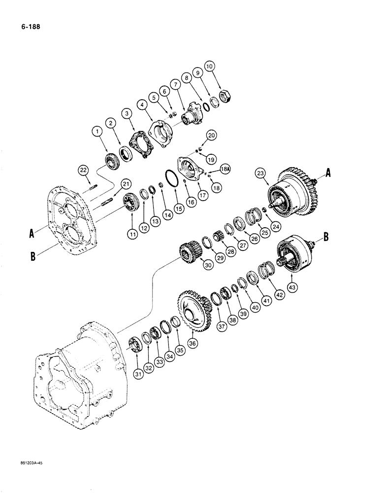 Схема запчастей Case 680K - (6-188) - TRANSMISSION OUTPUT SHAFT, LOW AND THIRD GEARS (06) - POWER TRAIN