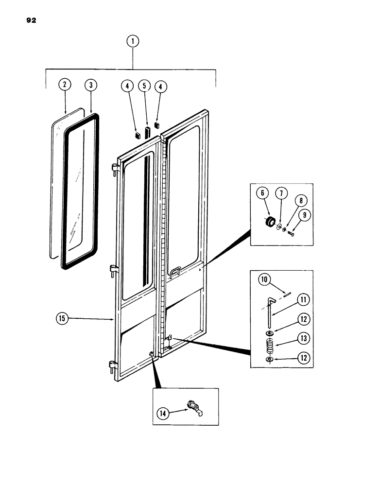 Схема запчастей Case 980B - (092) - CAB AND ATTACHING PARTS, (DOOR AND ATTACHING PARTS), (USED ON UNITS PRIOR TO PIN 6204070) (05) - UPPERSTRUCTURE CHASSIS