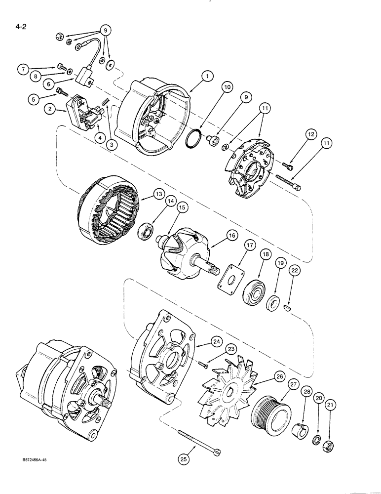 Схема запчастей Case 821 - (4-002) - ALTERNATOR ASSEMBLY, 45 AMPERE - 24 VOLT (04) - ELECTRICAL SYSTEMS