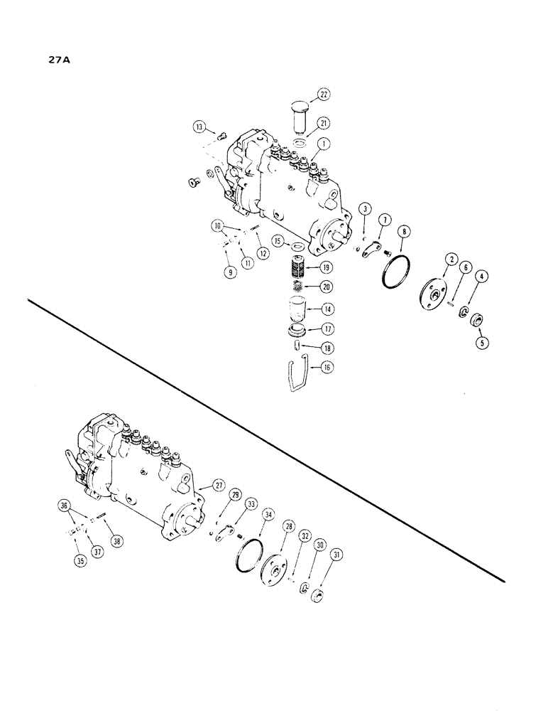 Схема запчастей Case 1150 - (027A) - FUEL INJECTION PUMP, (401B) DIESEL ENGINE, 1ST USED ENGINE SERIAL NO. 3219862 (01) - ENGINE