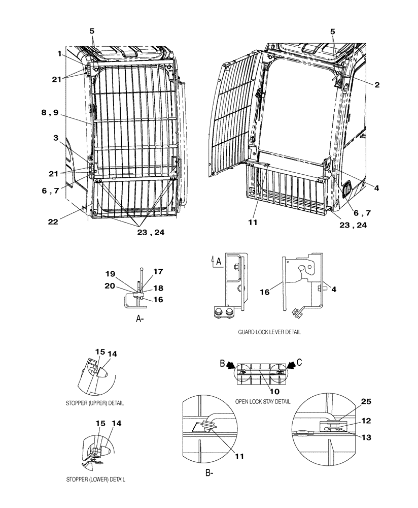 Схема запчастей Case CX210C NLC - (90.150.06) - CAB GUARD - WINDSHIELD, UPPER AND LOWER (90) - PLATFORM, CAB, BODYWORK AND DECALS