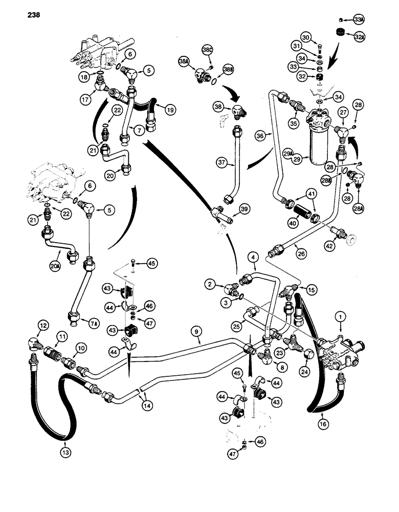 Схема запчастей Case 480D - (238) - EQUIPMENT HYDRAULIC SYSTEM - MODELS WITH LOADER, REAR EQUIPMENT AND RETURN LINES (35) - HYDRAULIC SYSTEMS