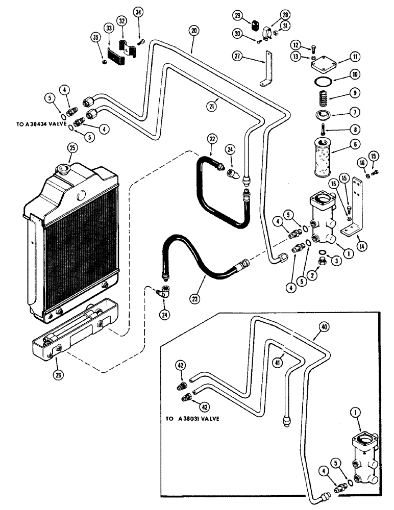 Схема запчастей Case 580 - (098) - OIL FILTER & COOLER LINES, POWER SHUTTLE, USED W/A38434 VALVE, 1ST USED TRAC. S/N. 8357336 (21) - TRANSMISSION