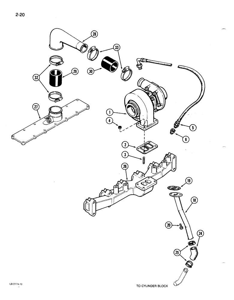 Схема запчастей Case 1086B - (2-020) - TURBOCHARGER SYSTEM, 6T-590 ENGINE (02) - ENGINE