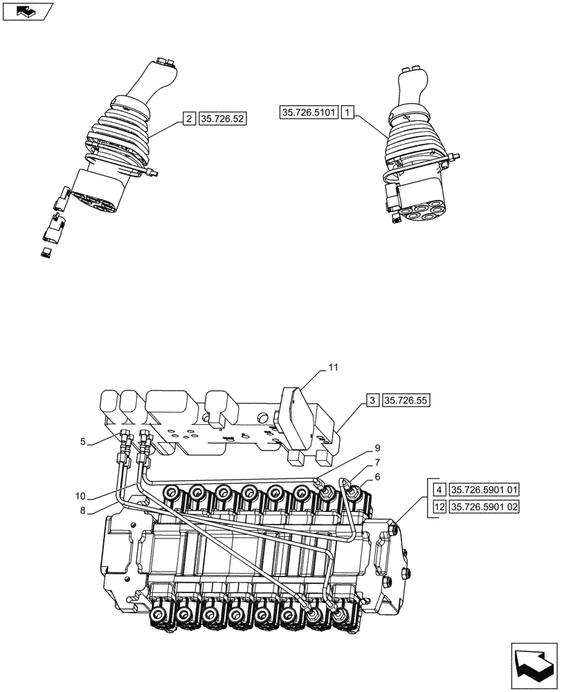 Схема запчастей Case 590SN - (35.726.4801) - VALVE - PILOT CONTROL AND JOYSTICKS (8 SPOOL, W/ EHOE, W/ AUX HYDS) - D9006 (35) - HYDRAULIC SYSTEMS