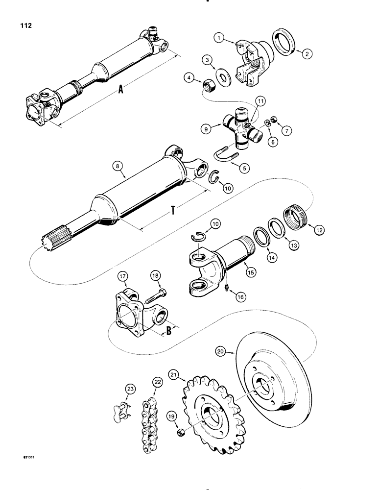 Схема запчастей Case SD100 - (112) - DRIVE SHAFT AND DISC BRAKE, MODELS WITH CHAIN DRIVE TRANSMISSION (21) - TRANSMISSION