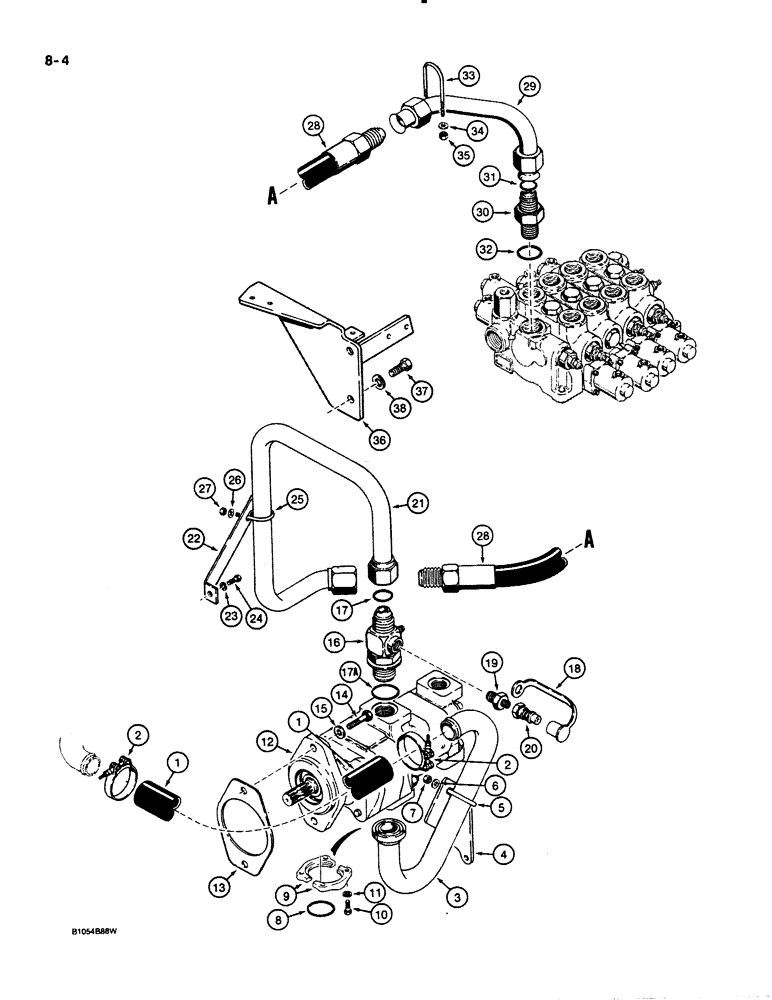 Схема запчастей Case 621 - (8-04) - HYDRAULIC CIRCUIT, RESERVOIR TO PUMP AND LOADER VALVE, PRIOR TO P.I.N. JAK0020901 (08) - HYDRAULICS