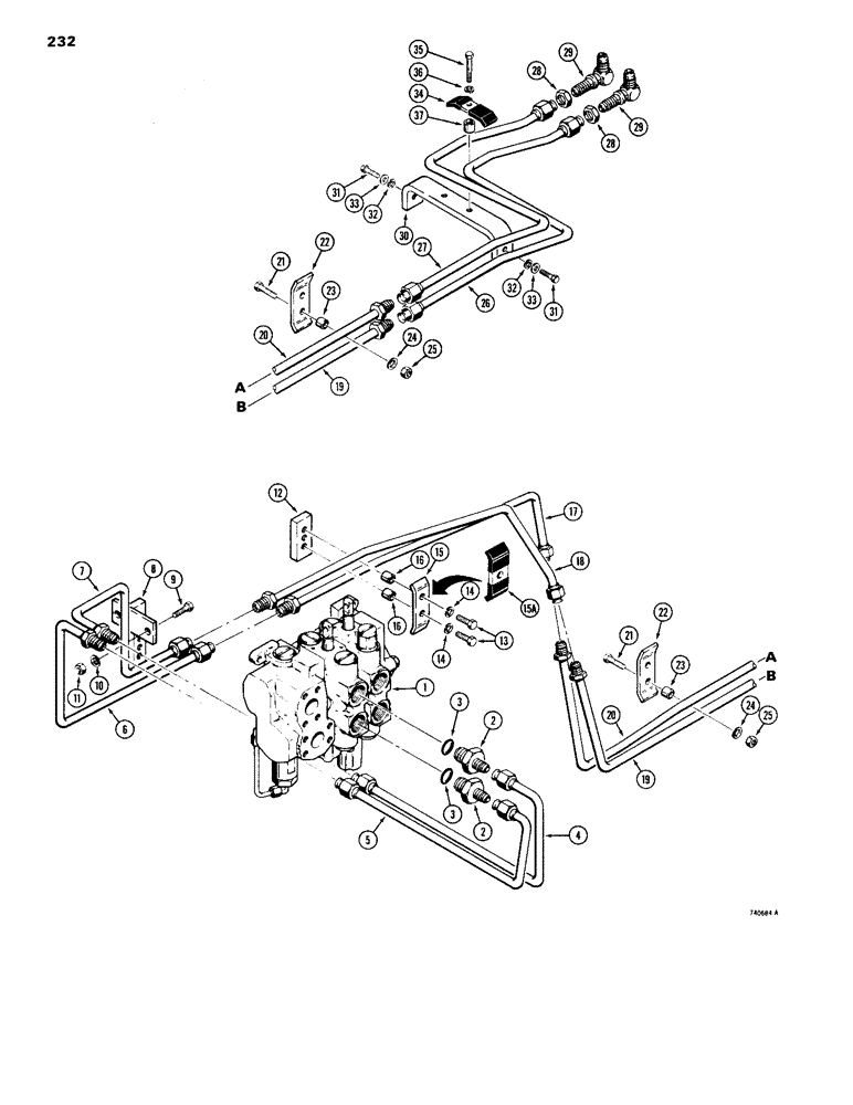 Схема запчастей Case 1150B - (232) - TILT HYDRAULIC CIRCUIT - TILT DOZER, MODELS W/ TILT HYDRAULIC LINES AT GRILLE (07) - HYDRAULIC SYSTEM