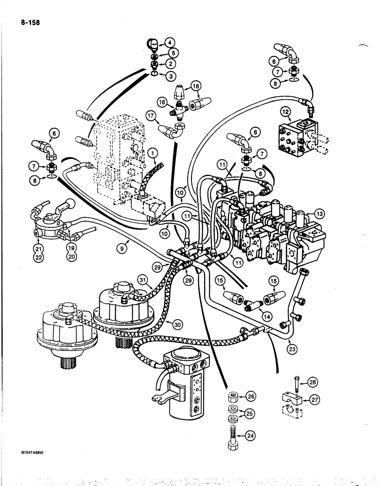 Схема запчастей Case 170B - (8-158) - HYDRAULIC CIRCUIT RETURN LINES, LEAK RETURN TO FILTER, P.I.N. 74417 THRU 74456 (08) - HYDRAULICS