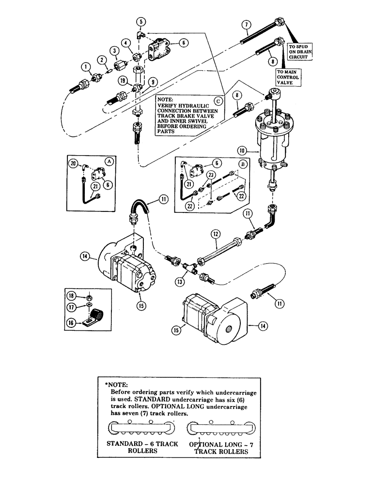 Схема запчастей Case 880B - (150) - TRACK BRAKE TUBING, * (USED ON UNITS WITH STANDARD UNDERCARRIAGE) (04) - UNDERCARRIAGE