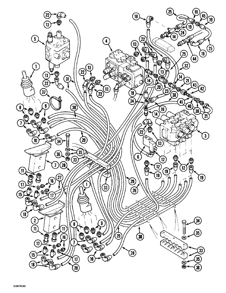 Схема запчастей Case 220B - (8-062) - HYDRAULIC CIRCUIT FOR PILOT CONTROL FROM VALVES, P.I.N. 03209 AND AFTER (08) - HYDRAULICS