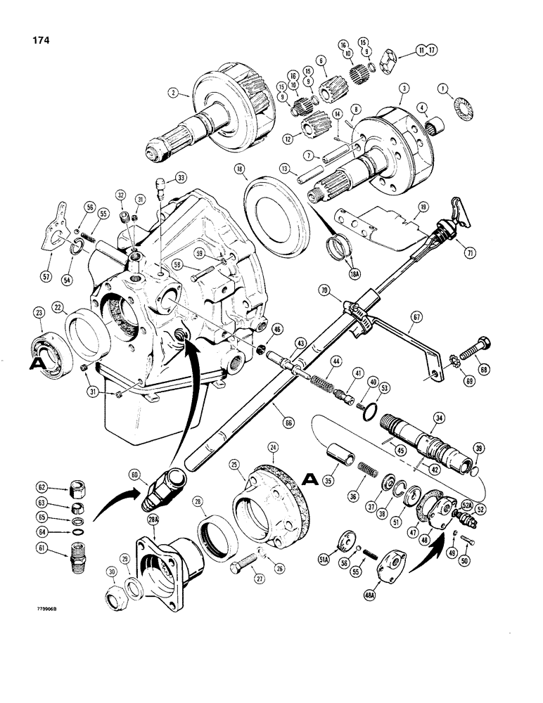 Схема запчастей Case 480C - (174) - POWER SHUTTLE, HOUSING, PINION CAGE, AND OUTPUT SHAFT (21) - TRANSMISSION