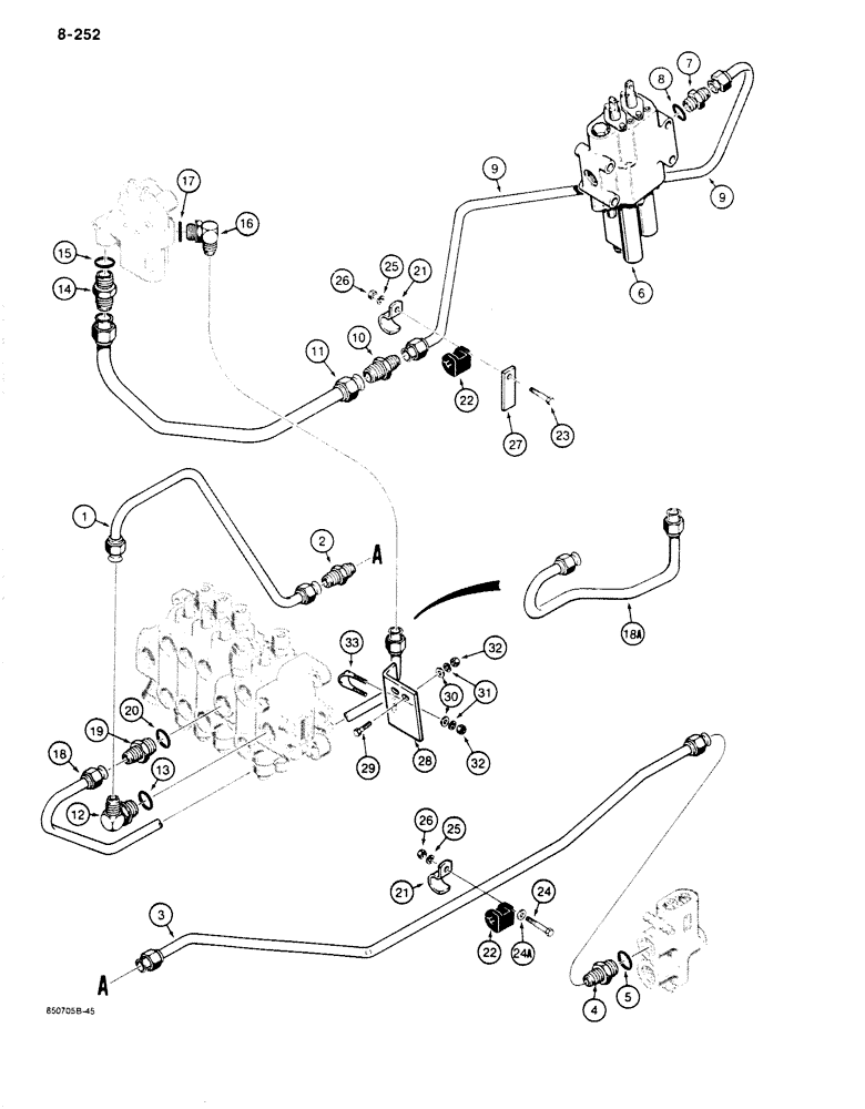 Схема запчастей Case 680K - (8-252) - EQUIP. HYD. SYS., LOADER CONTROL VALVE TO BACKHOE CTRL VALVE, BACKHOE SUPPLY FROM FLOW CONTROL VALVE (08) - HYDRAULICS