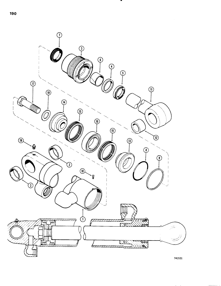 Схема запчастей Case W20 - (190) - G33592 AND G33593 TILT CYLINDERS, GLAND IS STAMPED WITH CYLINDER PART NUMBER (08) - HYDRAULICS