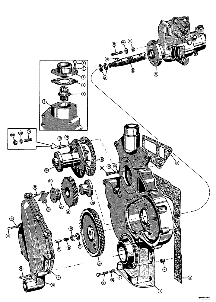 Схема запчастей Case 310E - (023) - TIMING GEAR COVER AND FUEL INJECTION PUMP DRIVE - DIESEL (01) - ENGINE