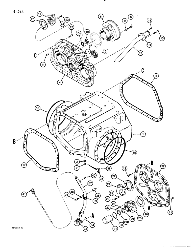 Схема запчастей Case 1455B - (6-218) - TRANSMISSION HOUSING, COVERS, AND DIPSTICK, MODELS WITH FILL TUBE ON REAR COVER, IF USED (06) - POWER TRAIN