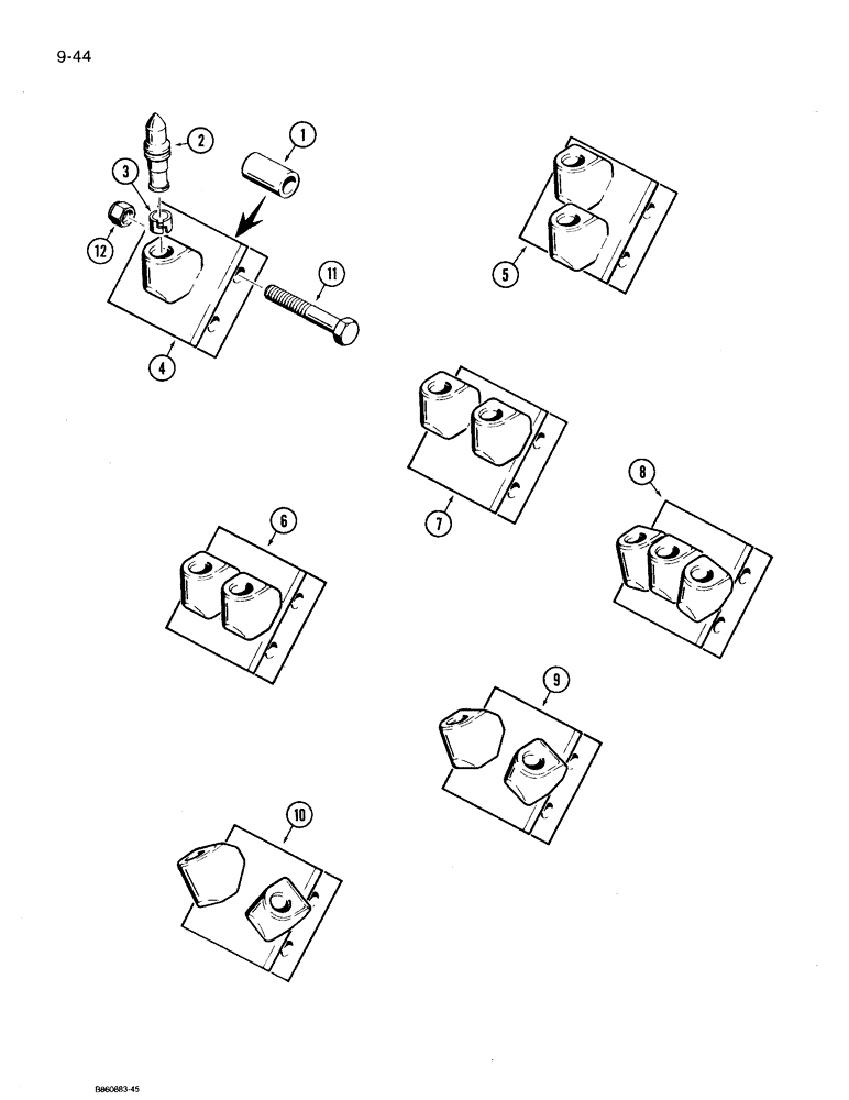 Схема запчастей Case 360 - (9-044) - ROCK AND FROST DIGGING TEETH, IF USED (09) - CHASSIS/ATTACHMENTS