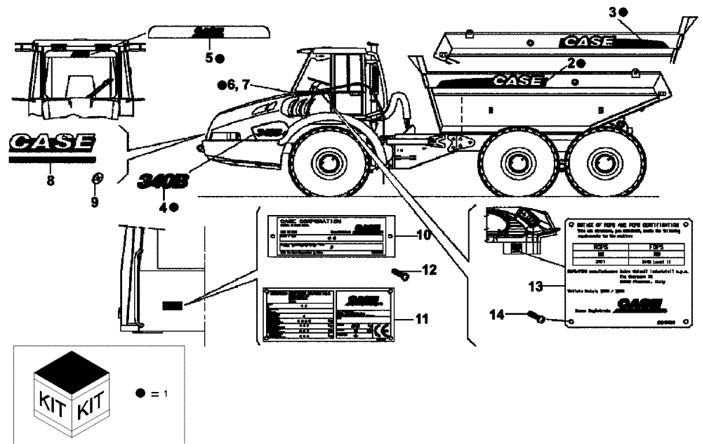 Схема запчастей Case 340B - (98A01001005[001]) - DECALS, WITH SCISSOR GATE (P.I.N. HHD0340BN7PG58147 AND AFTER) (84255665) (19) - OPTIONS