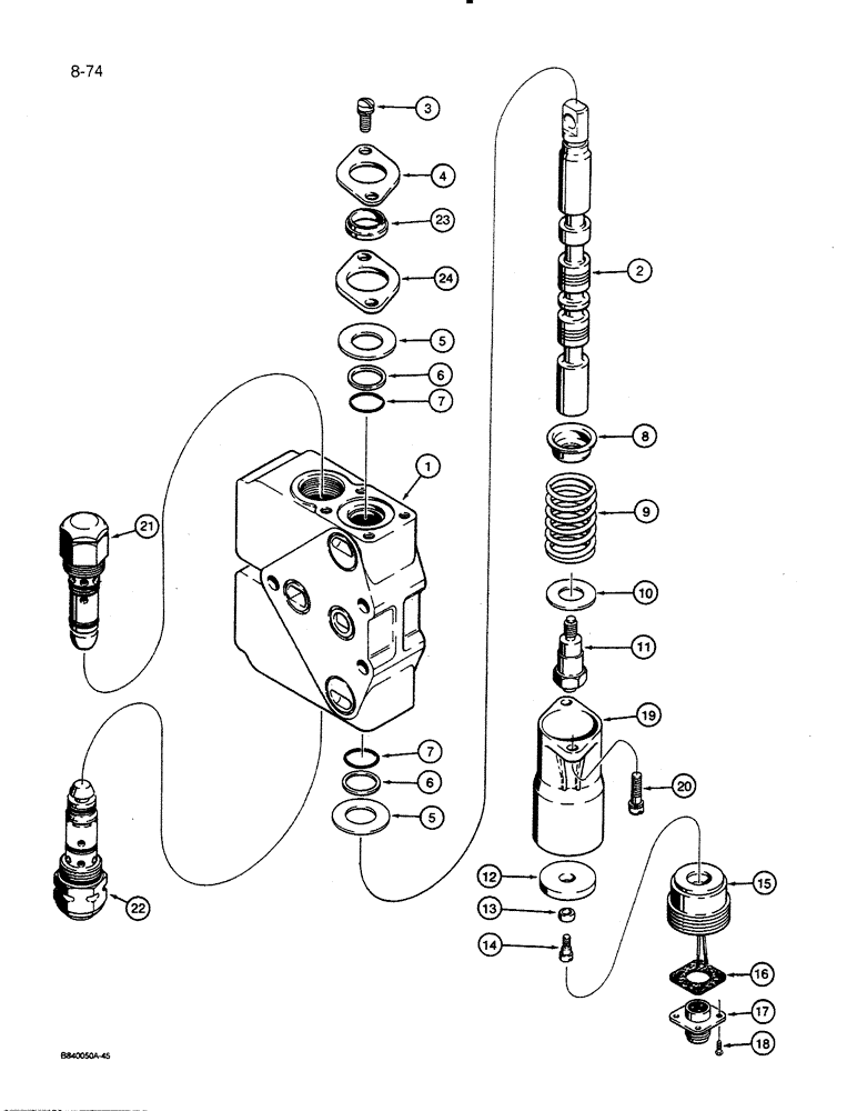 Схема запчастей Case 450C - (8-74) - LOADER BUCKET TILT SECTION, WITH MAGNETIC DETENT (08) - HYDRAULICS