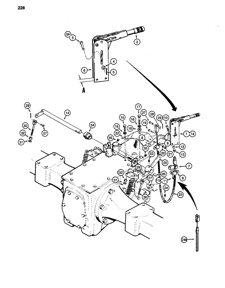 Схема запчастей Case 480D - (228) - PARKING BRAKE LEVER AND LINKAGE, USED BEFORE TRANSAXLE S/N 16270319 (33) - BRAKES & CONTROLS