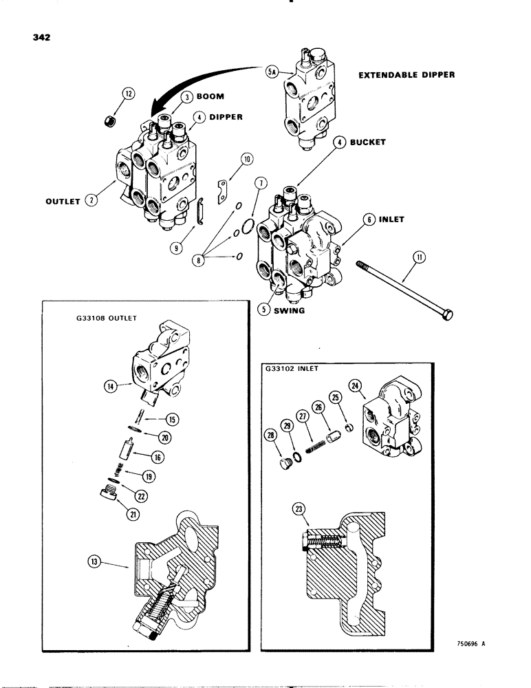 Схема запчастей Case 580C - (342) - BACKHOE CONTROL VALVES, OUTLET SECTION (08) - HYDRAULICS