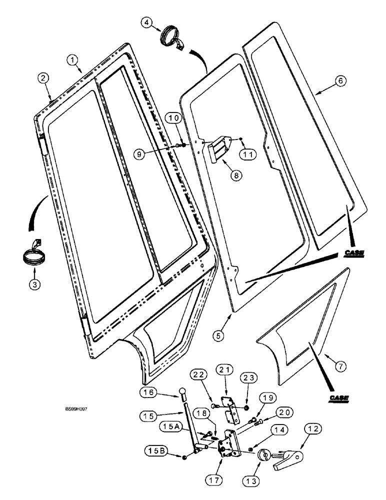 Схема запчастей Case 590SL - (9-76) - LEFT-HAND AND RIGHT-HAND CAB DOORS - EXTERIOR (09) - CHASSIS/ATTACHMENTS