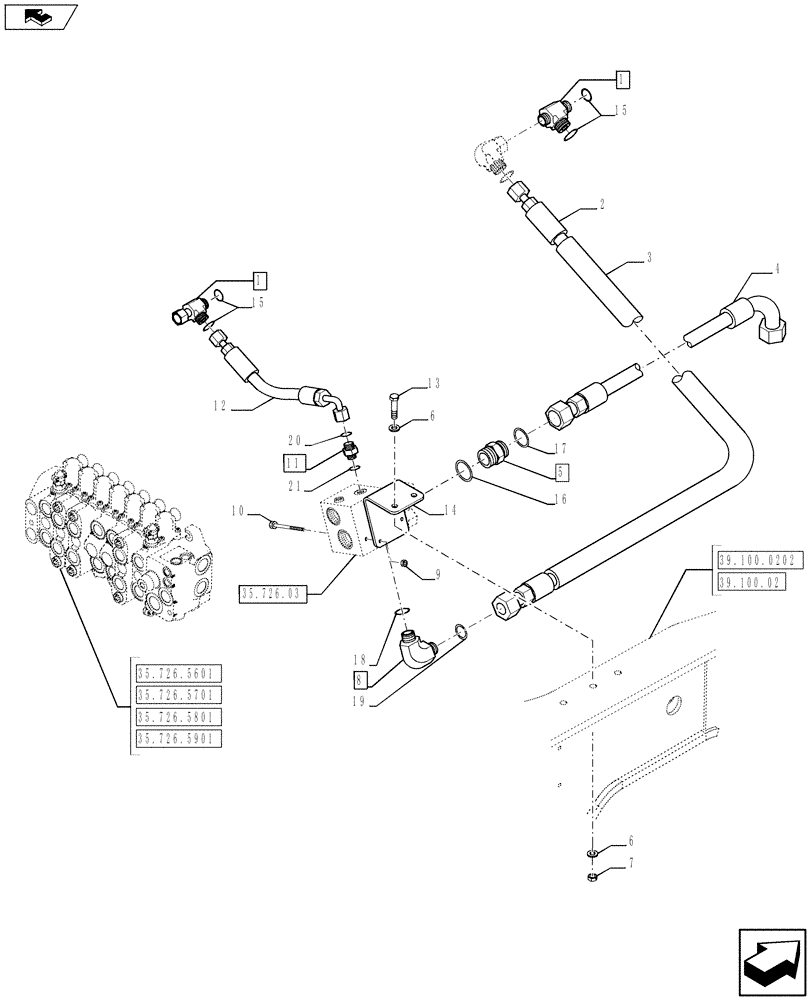 Схема запчастей Case 590SN - (35.726.11) - VAR - 423084 - VALVE INSTALL - BACKHOE CONTROL, DUAL AUX (PILOT CONTROLS) GEAR PUMP ONLY (35) - HYDRAULIC SYSTEMS